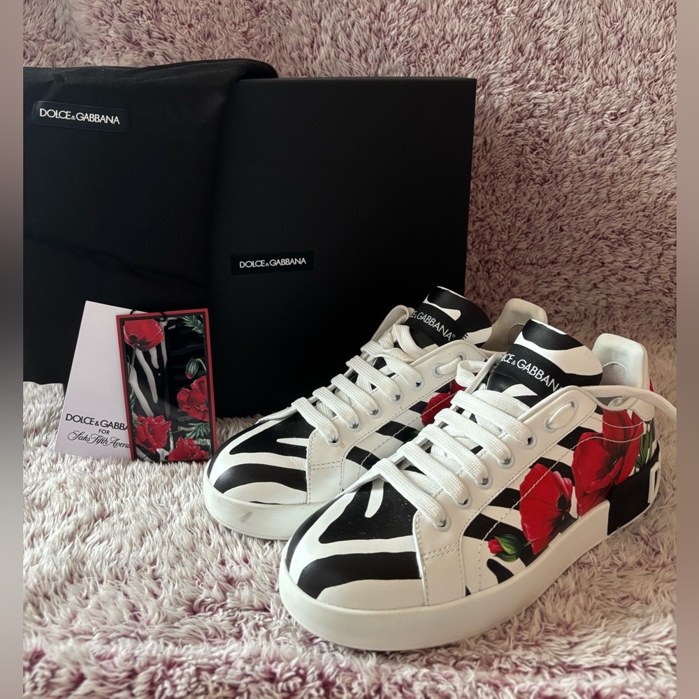 Dolce & Gabbana for Saks Fifth Avenue Portofino Zebra Peonies Leather Sneakers